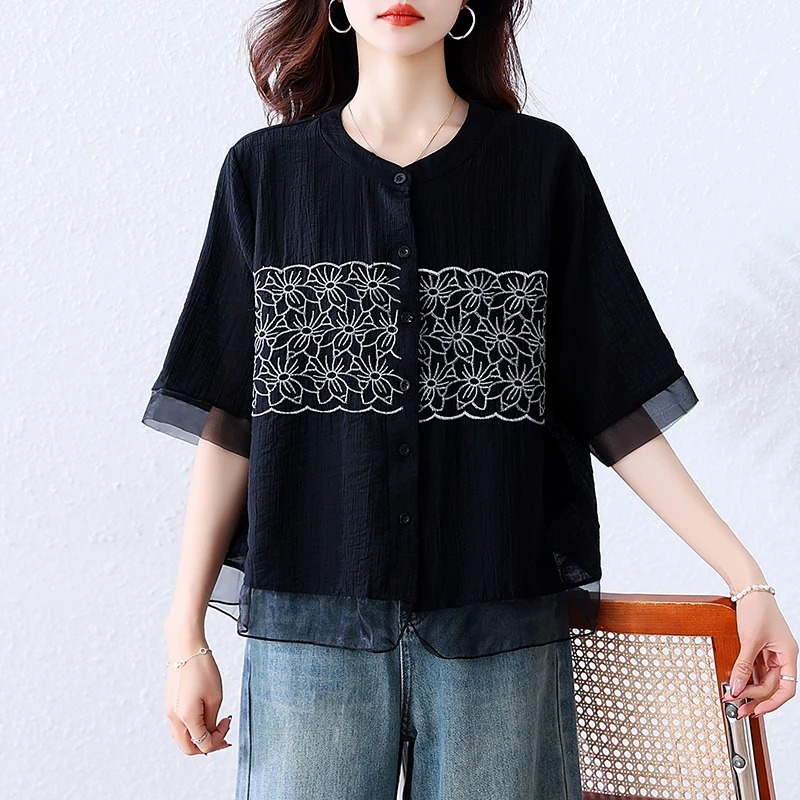 大码女装夏新款2025宽松显瘦遮肚子减龄重工衬衫刺绣雪纺上衣6579