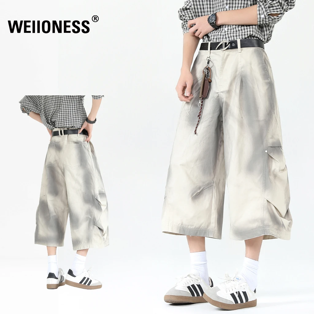 WEIIONESS废土风扎染做旧工装裤男夏季高级感男装七分阔腿休闲裤