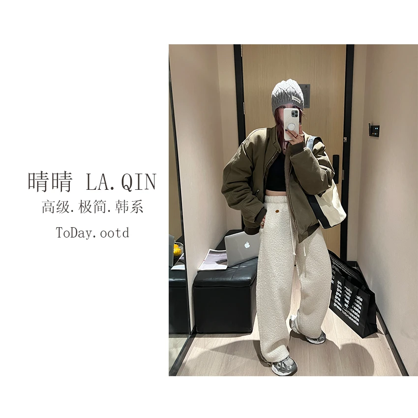 晴晴家-【云绒笑暖炉】韩版百搭慵懒风加厚圈圈呢休闲阔腿裤1226