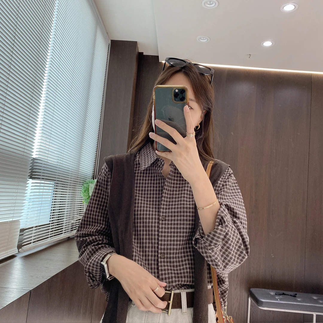 IMFLY金小金自制女装 衬衫DYW9675初秋设计感通勤格纹衬衫+披肩