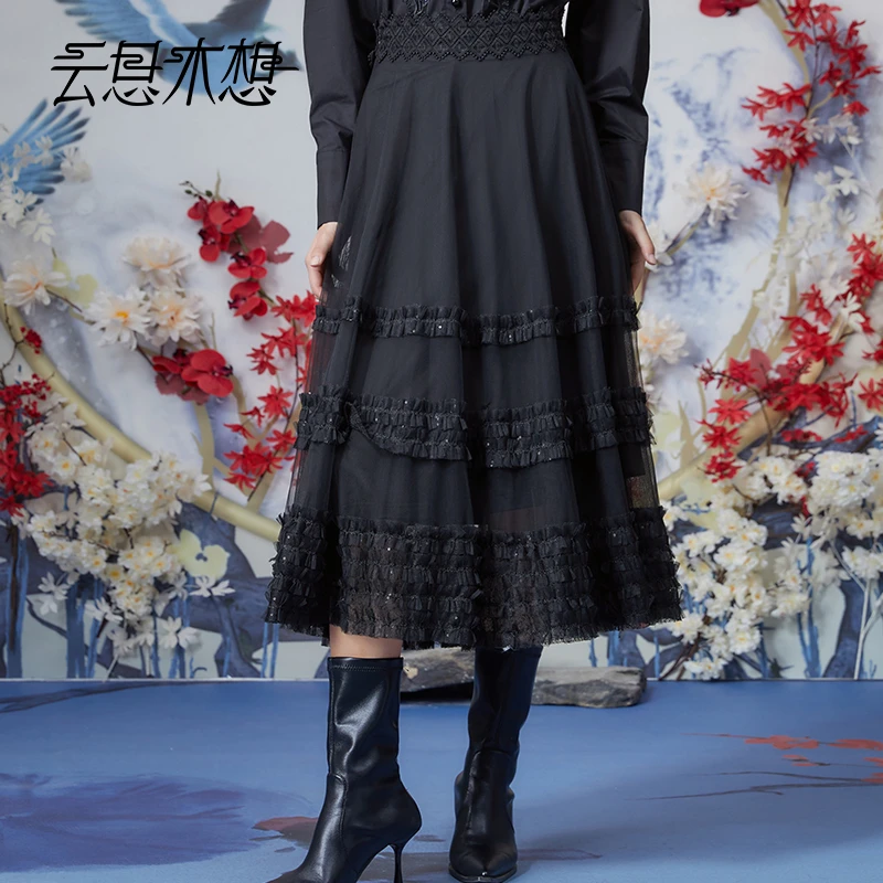 云思木想新中式2023秋季新款蕾丝花边网纱高腰半身裙11048