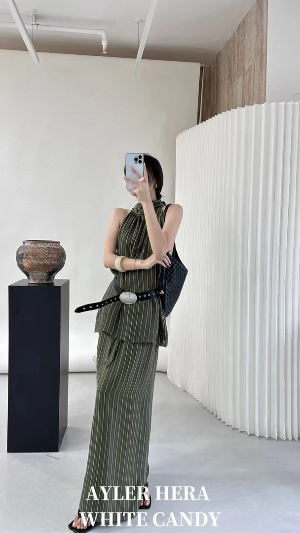 赫拉条纹抽绳松紧腰显瘦半身裙 W9132-1（福福）