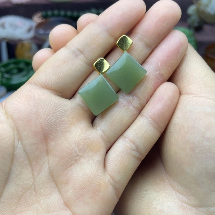 和田玉耳饰银S925镀金镶嵌
