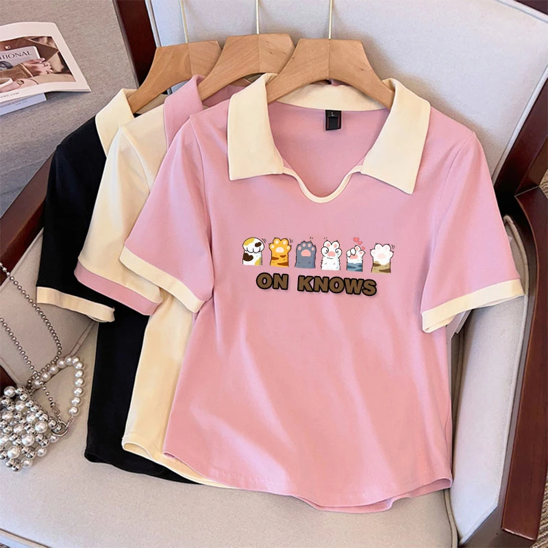 大码校园风V领正肩polo衫短袖T恤女夏季减龄百搭显瘦遮肚休闲上衣