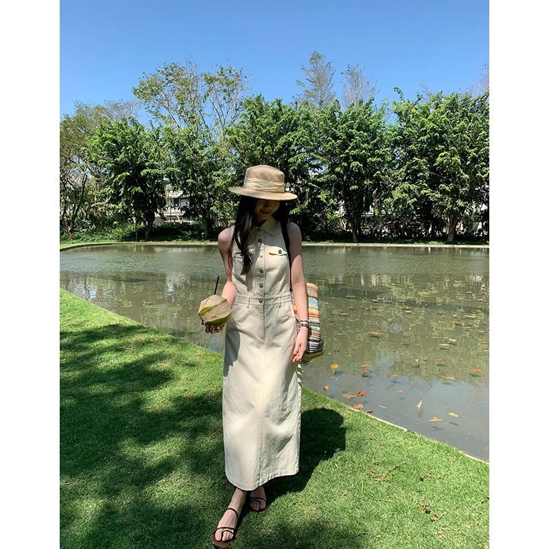 YOKLASS少女家 【现】杏白翻领无袖简约连衣裙气质长裙 L30234S51