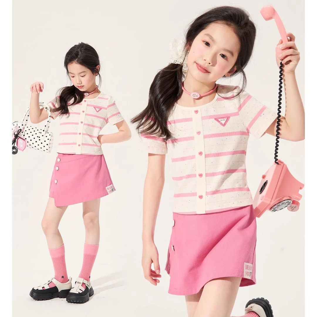 女童夏季套装2025新款休闲中大童清新T恤裤裙简约洋气短袖两件套
