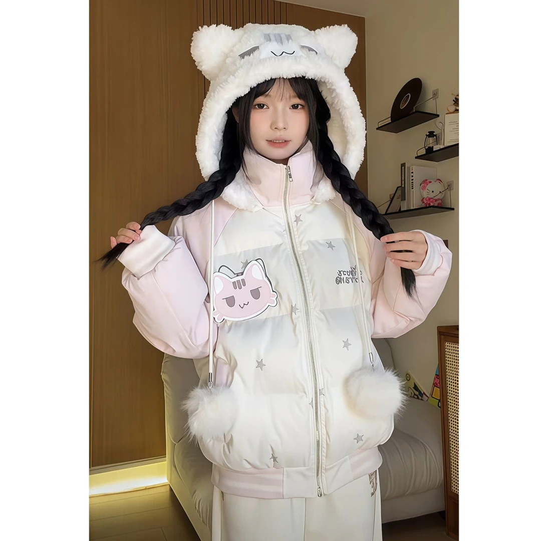 冬季新款可爱猫咪魔术贴撞色连帽外套棉服女加厚保暖甜美面包服