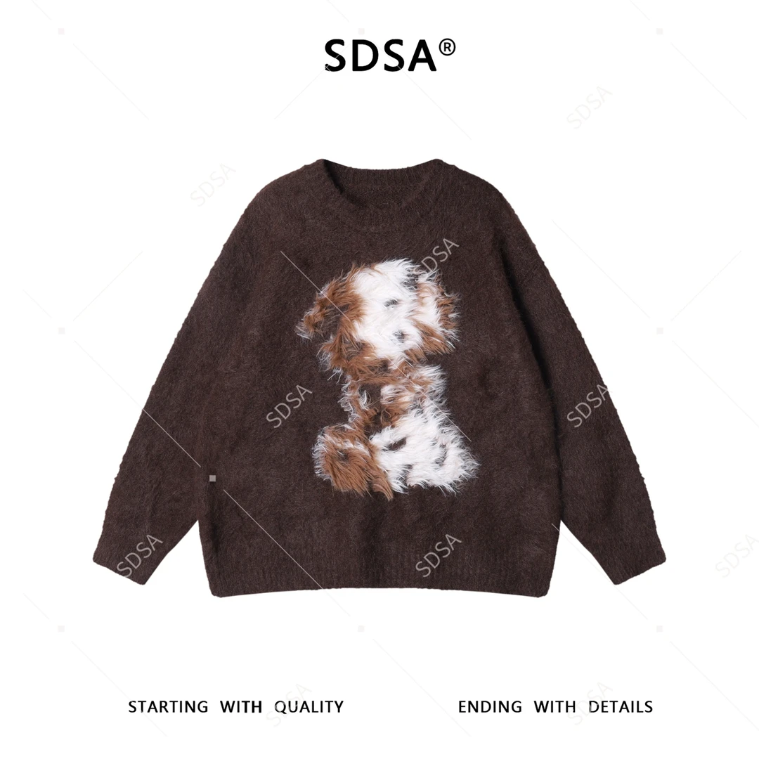 SDSA男士秋冬新款痞帅男装慵懒风撞色小狗图案圆领毛衣百搭时尚