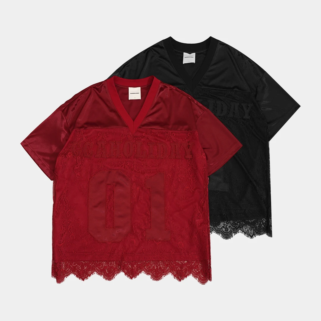 25N夏季新款轻奢高级感美式街头潮流V领缎面蕾花边短袖大T 152173