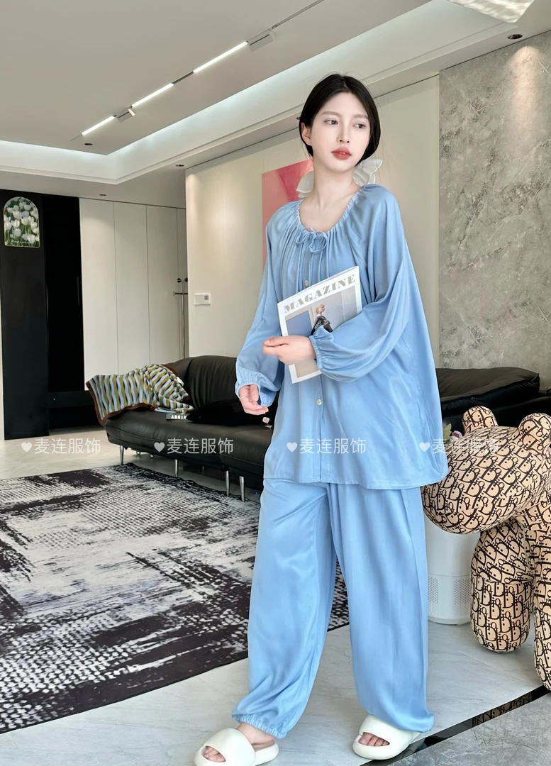 蓝调时光棉绸家居服外穿空调服网红套装人造棉大版休闲运动睡衣
