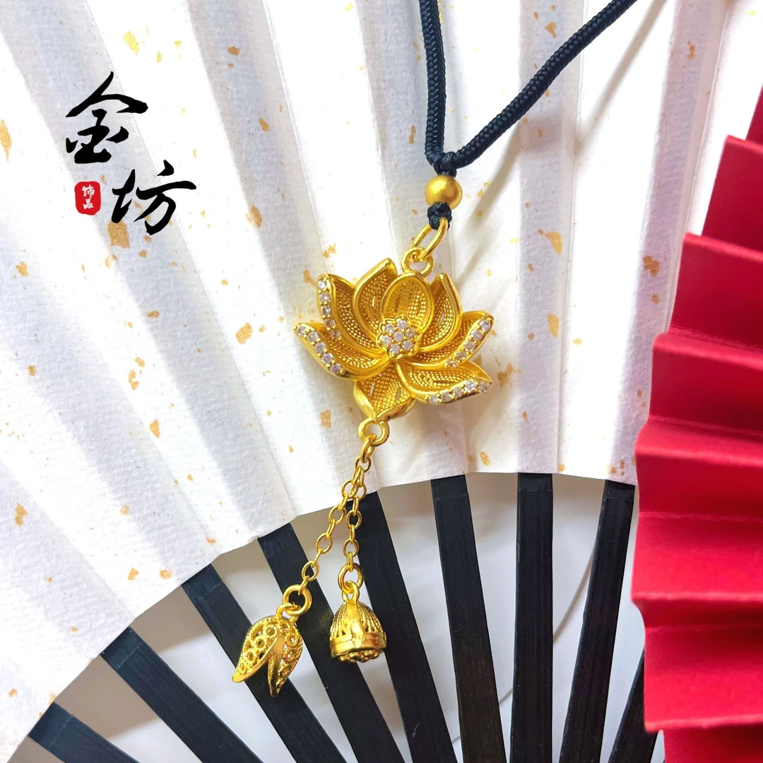 铜合金项链 新中式国风荷花流苏吊坠项链两世欢莲花长黑色毛衣链