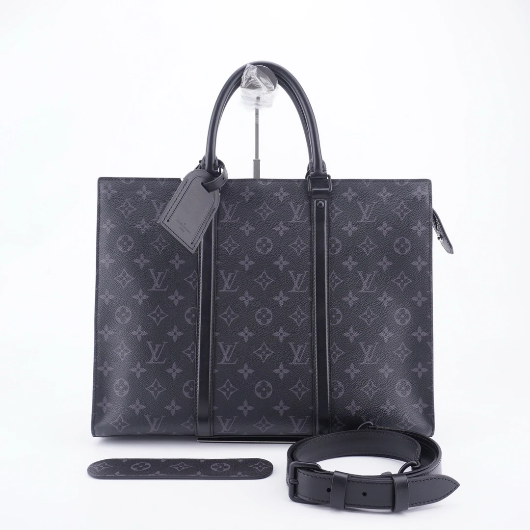 99新 LV Sac经典老花涂层帆布拼皮公文包单肩斜挎包38/30/9 F462