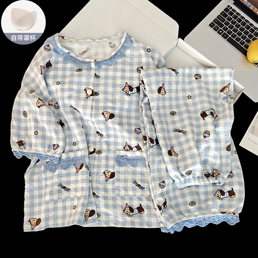 蓝白格子小狗睡衣带胸垫女夏季蕾丝花边短袖长裤可外穿家居服套装