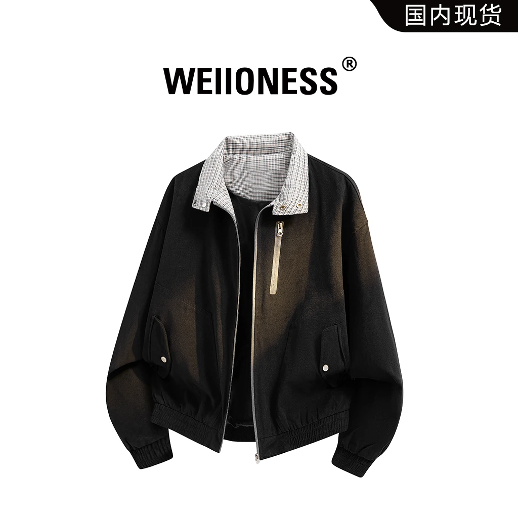 WEIIONESS翻领夹克男2025秋季新款格纹撞色休闲外套轻奢痞帅男装