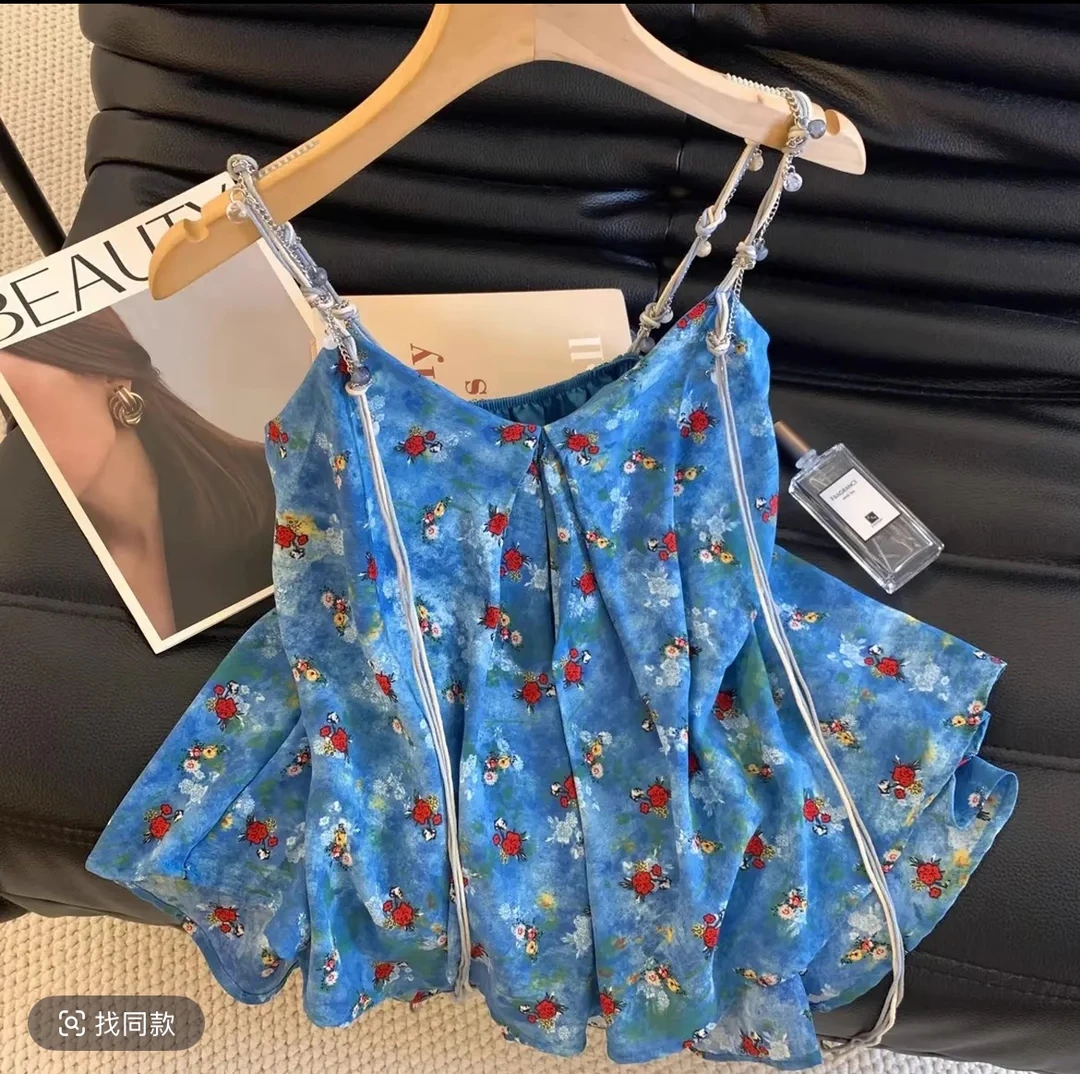 纯欲风蓝色碎花吊带背心女夏季扎染荷叶边飘带娃娃衫热辣无袖上衣