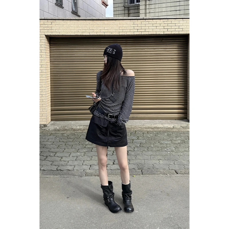 酷飒风女装高级感条纹长袖上衣慵懒露肩T恤黑色高腰显瘦半身短裙
