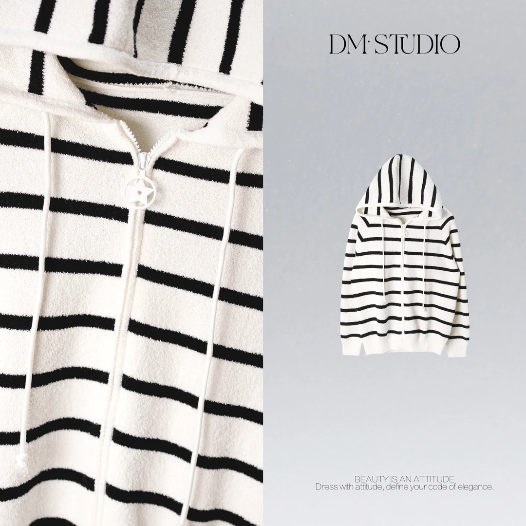 DEDM•STUDIO/早秋极简慵懒条纹连帽针织100%羊毛开衫2507ZZS/3011
