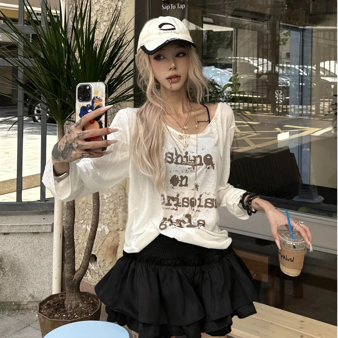 美式复古设计感宽松长袖t恤女秋季新款上衣高腰显瘦蓬蓬裙半身裙