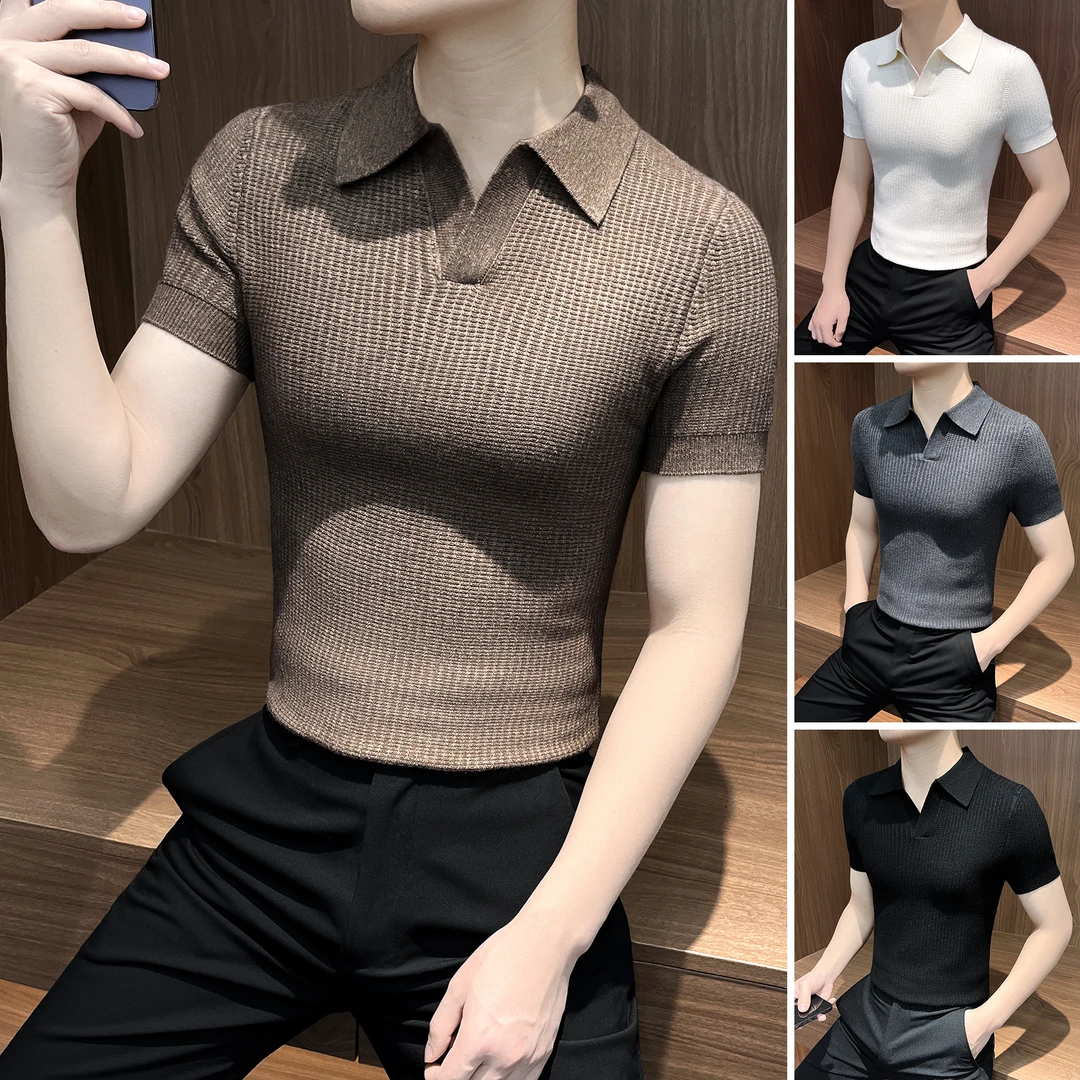 V领polo衫男款短袖夏季款爆款2025新款高级感翻领针织男士休闲t恤