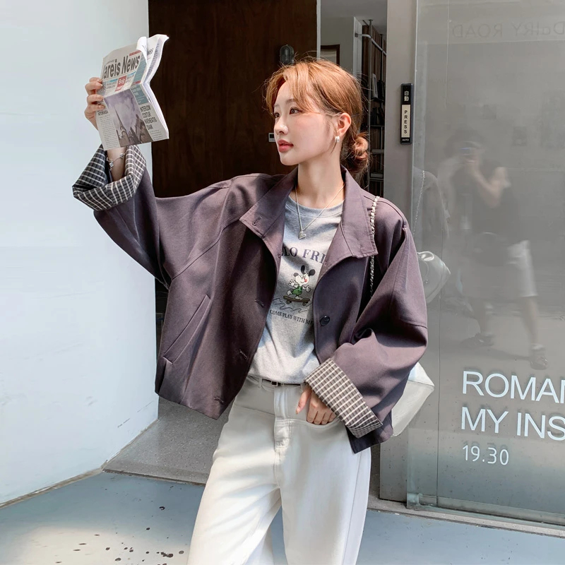 韩系简约通勤风短款外套2025春秋新款气质显瘦松弛感格纹拼接夹克