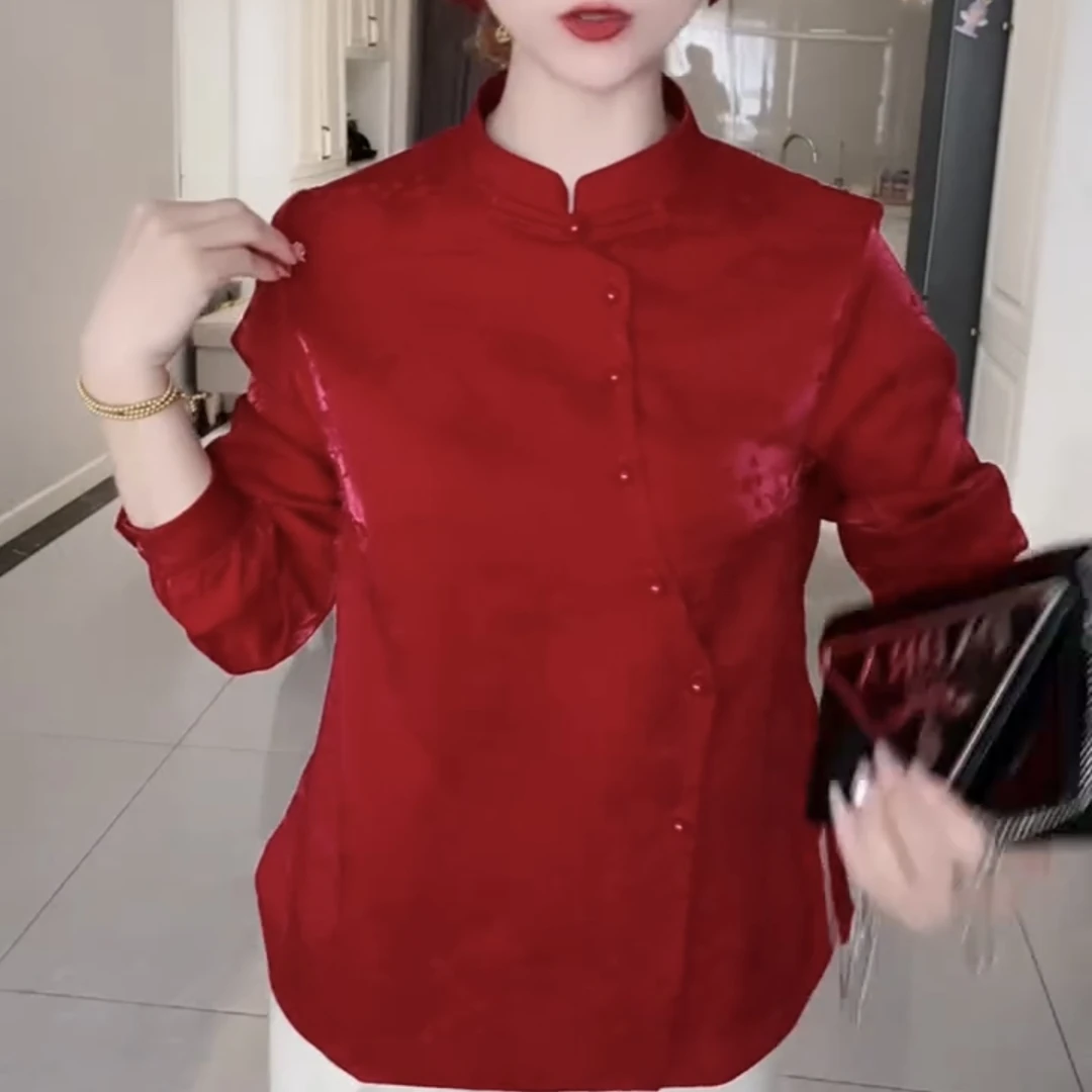 新中式国风提花盘扣立领长袖衬衫女秋冬复古褶皱百搭上衣