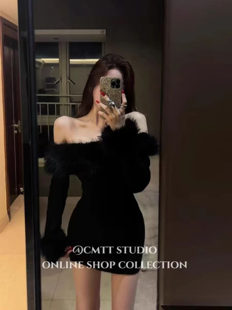 Hello熙熙【新年战袍】(可拆卸毛毛)一字肩连衣秋冬party收腰包臀裙