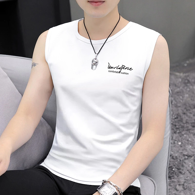 夏季透气无袖上衣速干圆领打底修身薄款休闲男士潮流坎肩印花背心