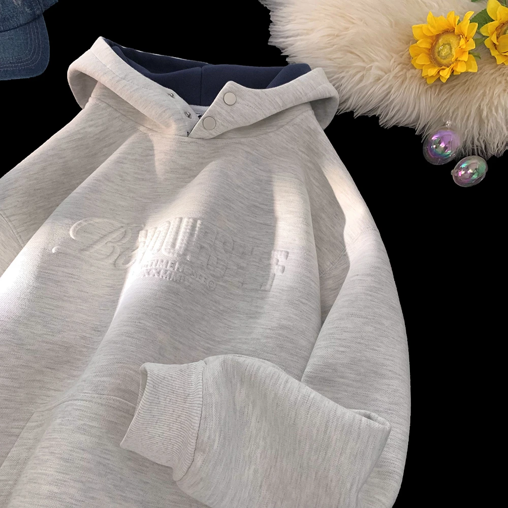 秋冬新款撞色连帽卫衣男高级感加绒加厚美式潮牌凹凸字母钢印外套