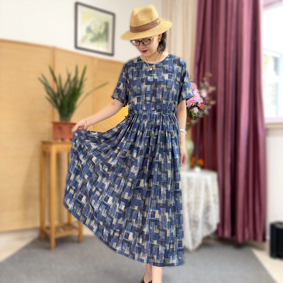 夏季圆领收腰收腰优雅显瘦精致飘逸法式大裙摆时尚休闲连衣裙Q03