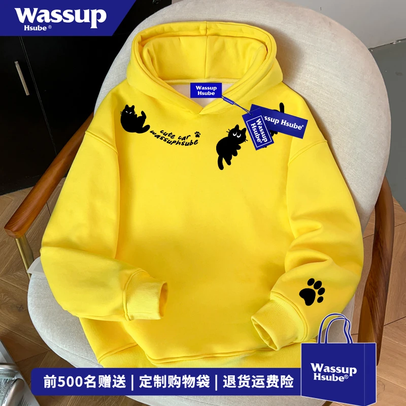 WASSUP HSUBE设计感秋冬猫咪印花连帽卫衣男女卡通创意无口袋上衣