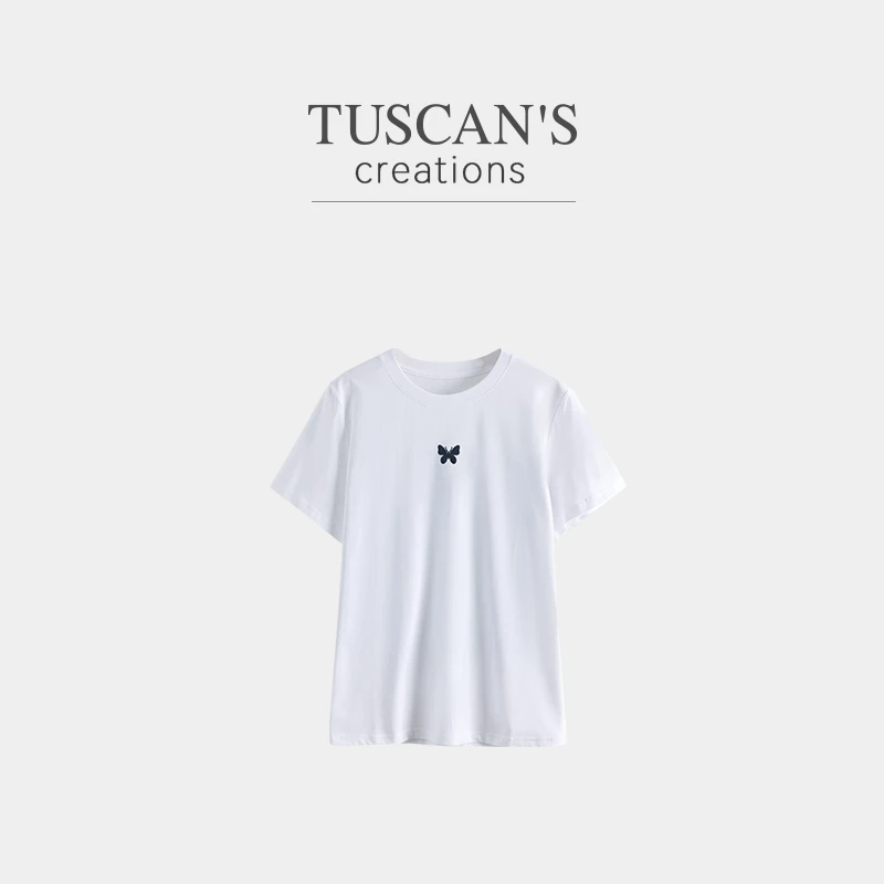 TUSCAN'S CREATIONS蝴蝶短袖棉T恤女2025夏季新款百搭显瘦上衣