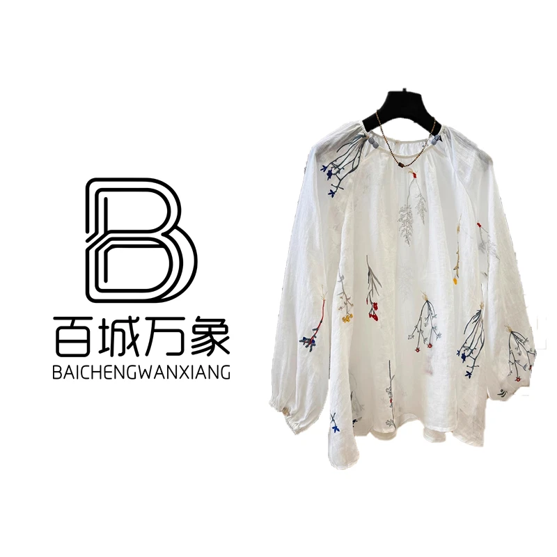 （百城万象门店款）春秋复古重工新中式刺绣串珠长袖衬衫大码防晒