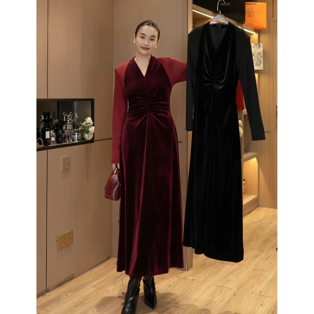 （清货款）春秋款长袖V领丝绒拼接连衣裙
