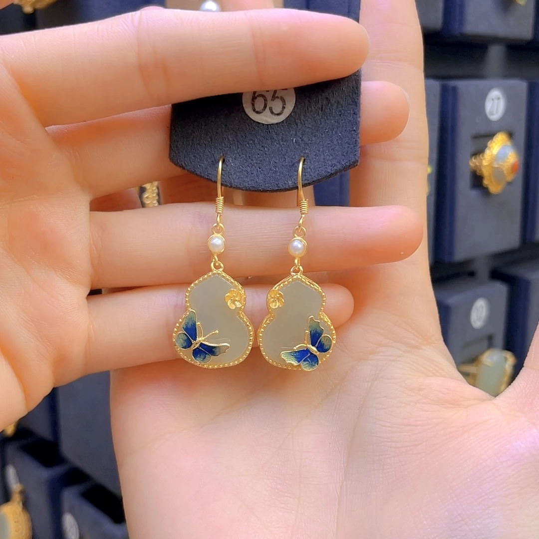 和田玉耳饰银S925镀金镶嵌