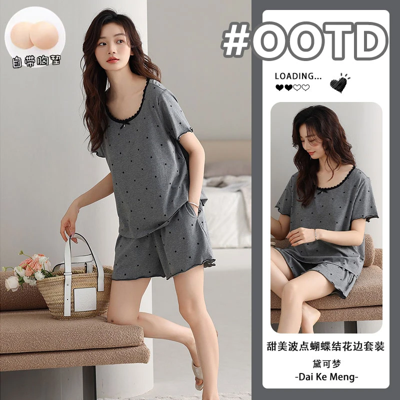 【凉感型】带胸垫一体防凸点短袖短裤简约波点莫代尔女款套装家居服