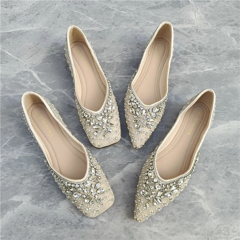 法式方头浅口单鞋女2025秋季新款水钻气质平底鞋四季软底豆豆瓢鞋