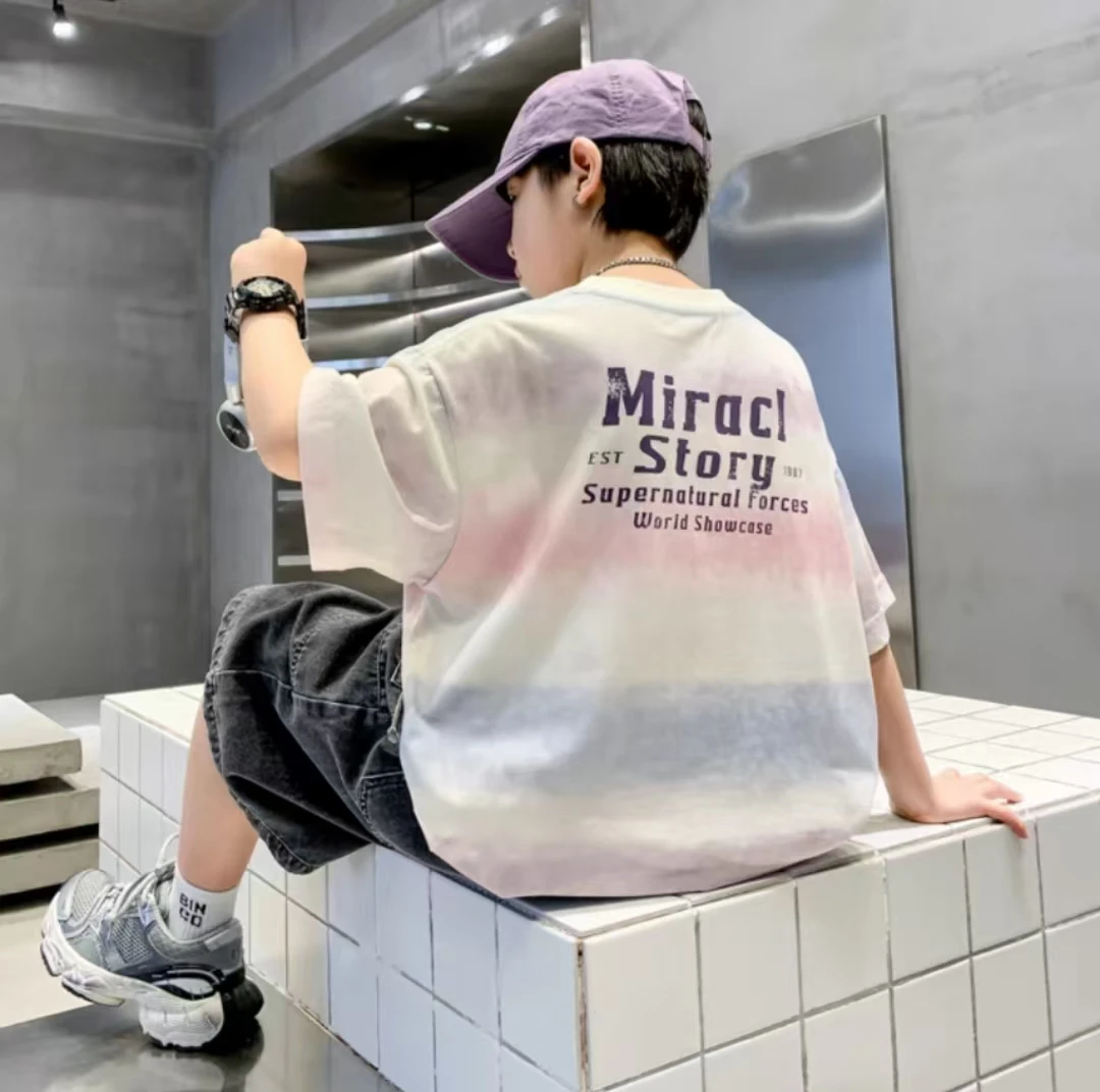 （清货）圆领夏季短袖运动系列男T恤宽松童装套装中大童洋气