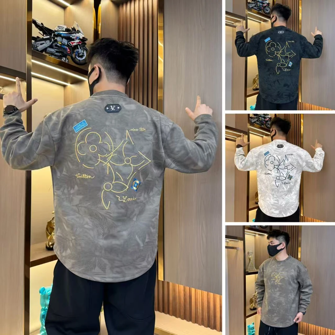 加绒加厚卫衣男秋冬季重工刺绣工艺潮牌百搭高级宽松上衣圆领长袖