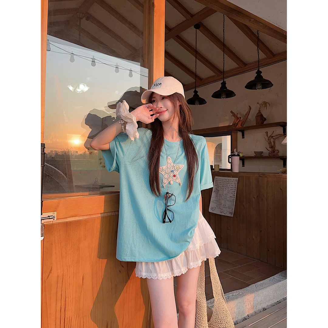 通勤显瘦~爽滑蕾丝贴重工布绣贝壳T恤圆领正肩短袖上衣女运动高腰