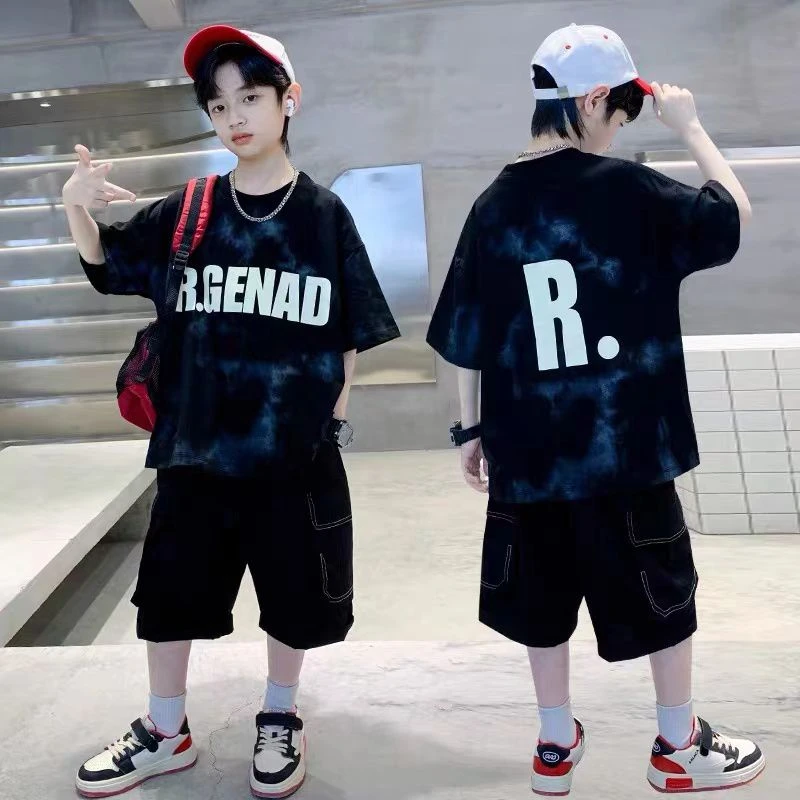 男童短袖套装2025新款儿童夏季扎染男孩帅气时髦潮洋气两件套