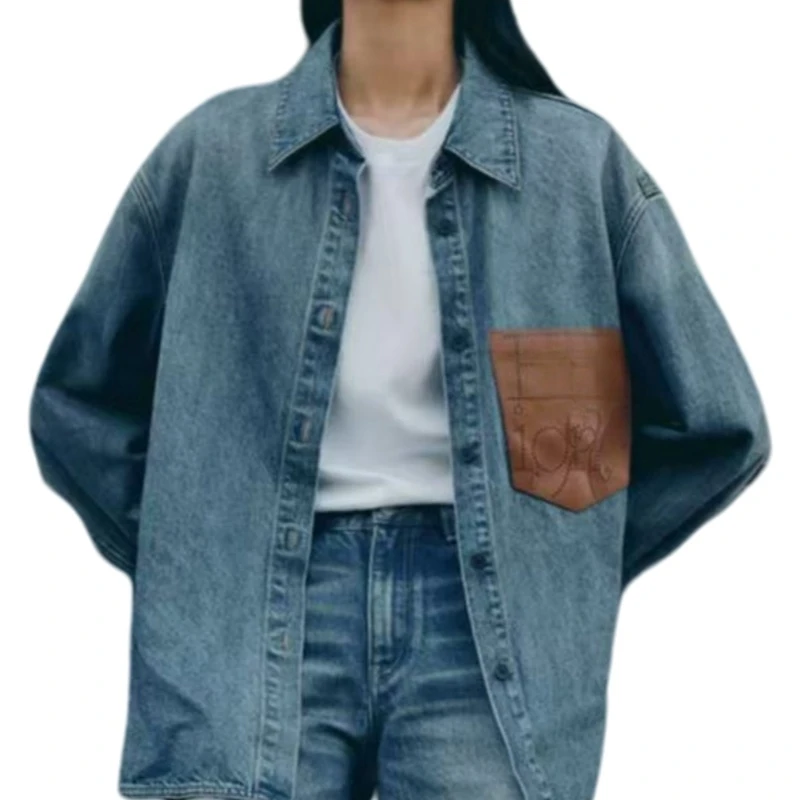 外套复古街头牛仔衬衫长袖成人女装休闲水洗口袋春季-938