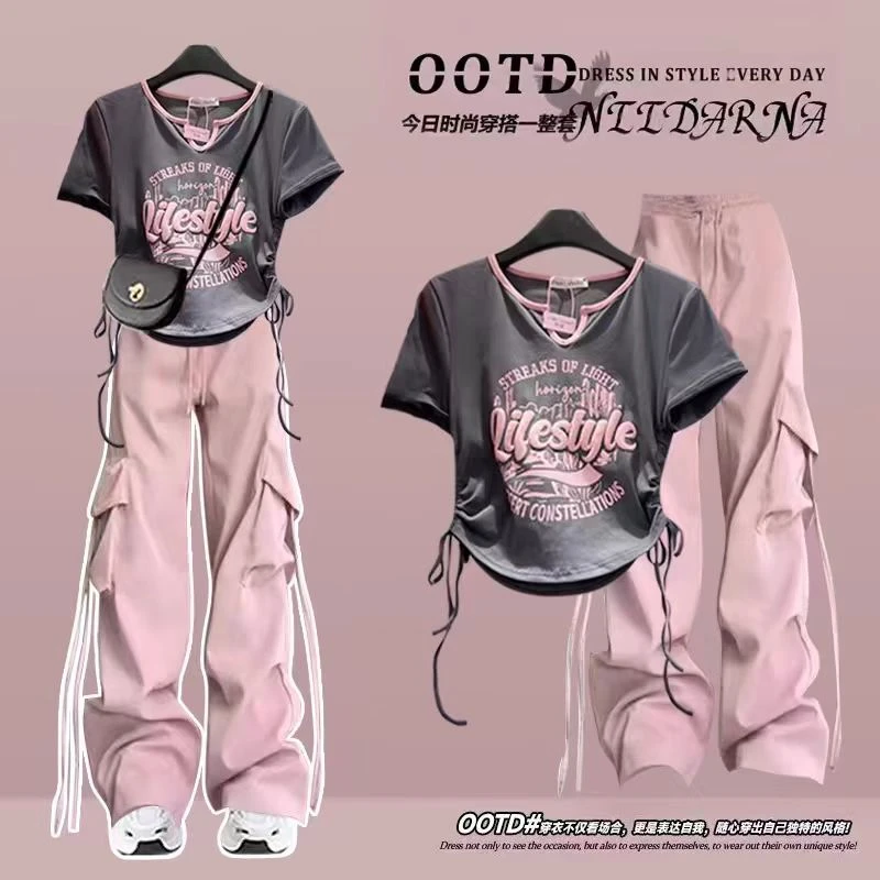 夏装中大童少女套装小学初高中学生洋气上衣高腰工装阔腿裤两件套