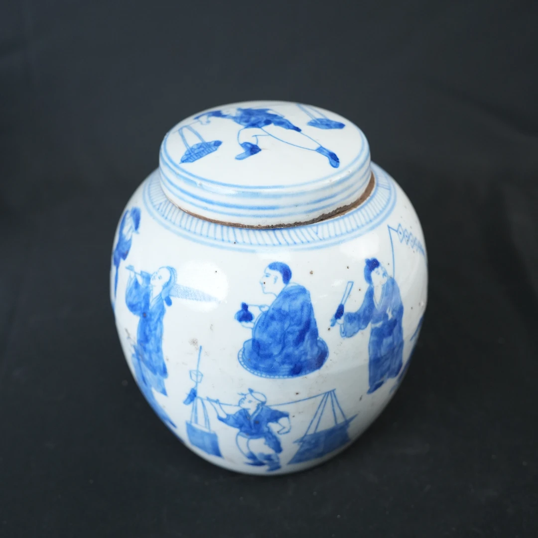 H0432青花人物盖罐家居饰品摆件