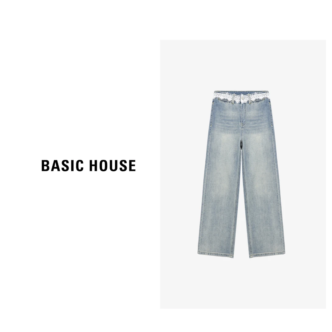Basic House/百家好时尚休闲简约轻奢蕾丝女士牛仔裤-B0625H5M962