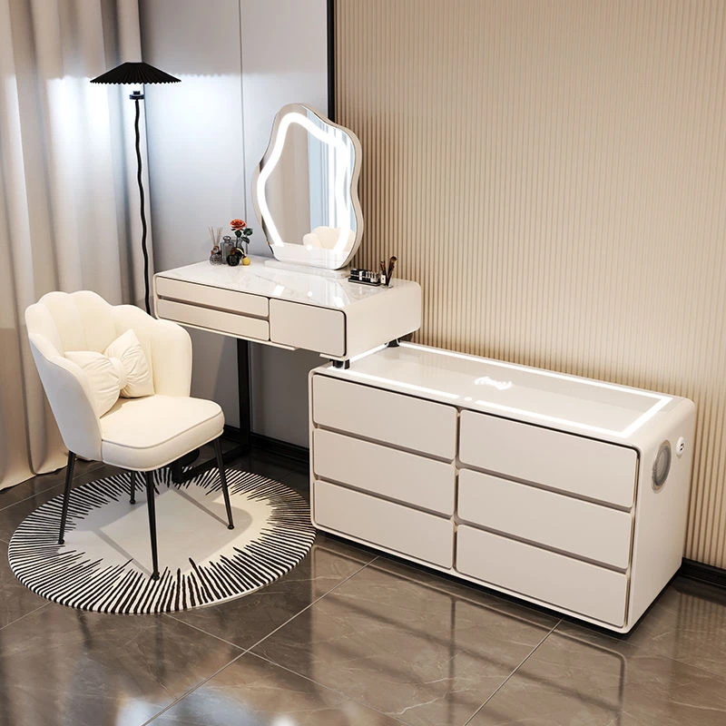 奶油风智能梳妆台卧室简约六斗柜主卧现代实木化妆桌多功能一体柜