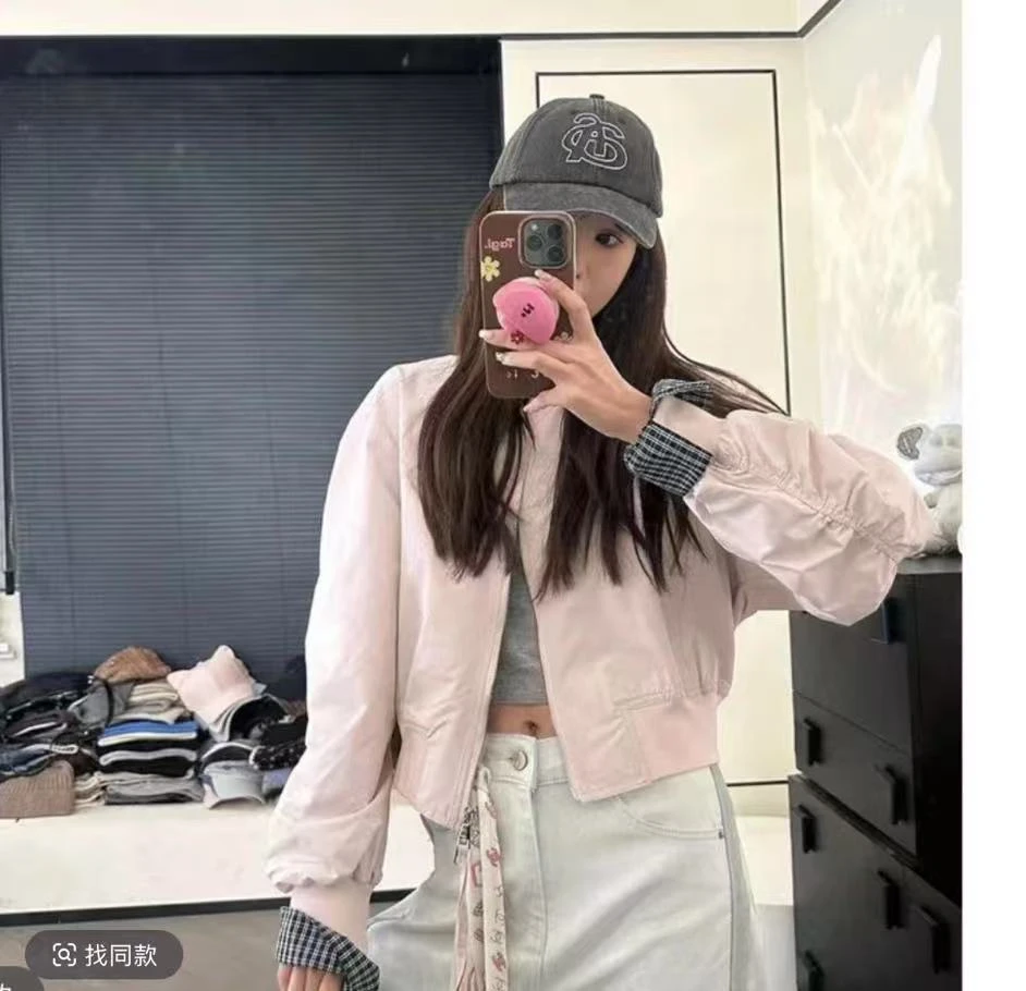 格子拼接棒球服外套女欧洲站2025年春季新款时尚潮流百搭显瘦上衣