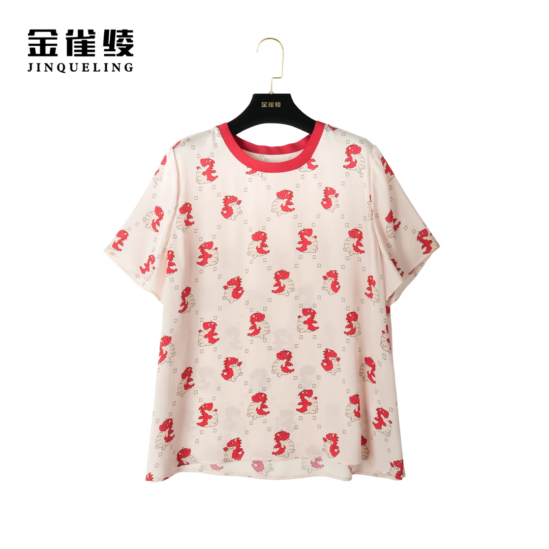 金雀绫【小龙人】桑蚕丝新款宽松印花圆领上衣衫B23171