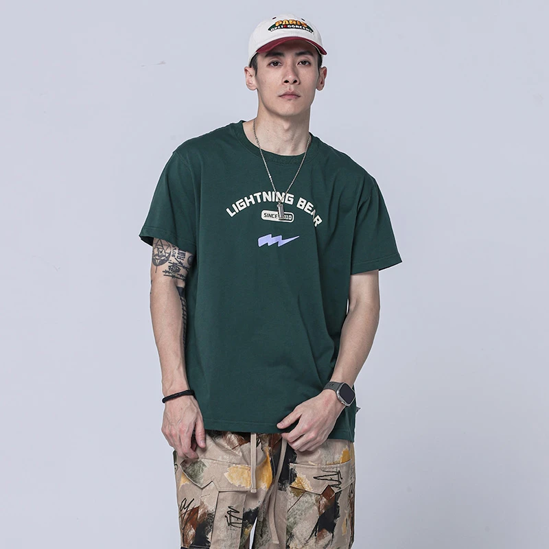 LNBR夏季绿色基础款字母印花短袖男新款潮流青少年宽松T恤加大码
