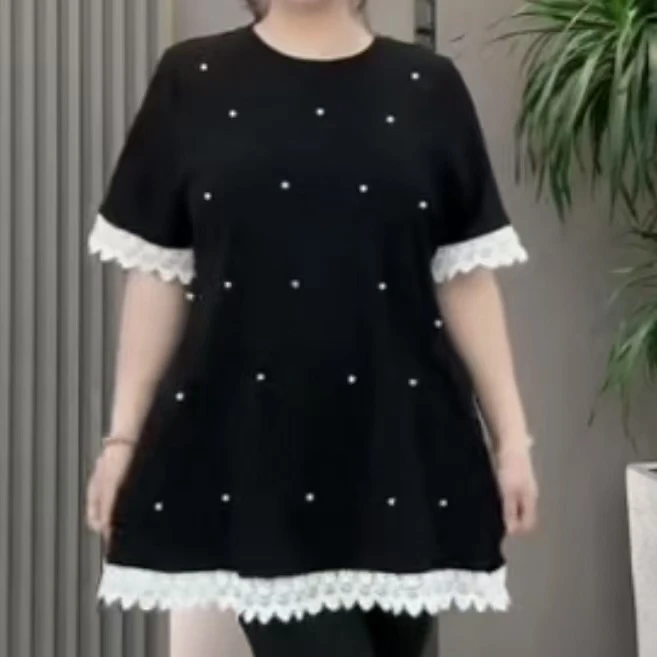 时尚大码女装夏季新款重工钉珠拼蕾丝边高级感半袖衫