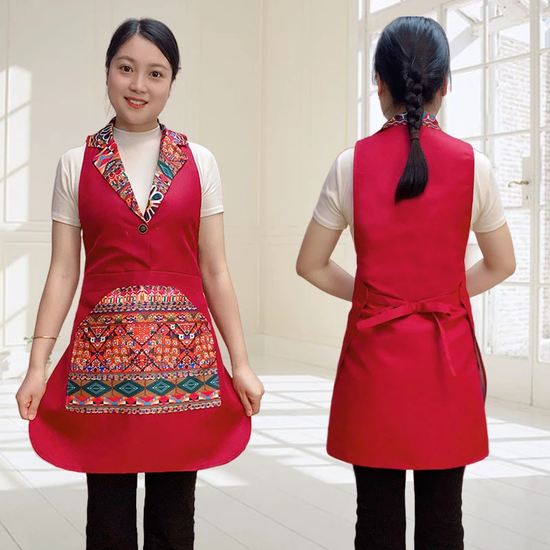 西装领马甲款围裙双层有防水里布前后两片式民族风防油服务员挂脖